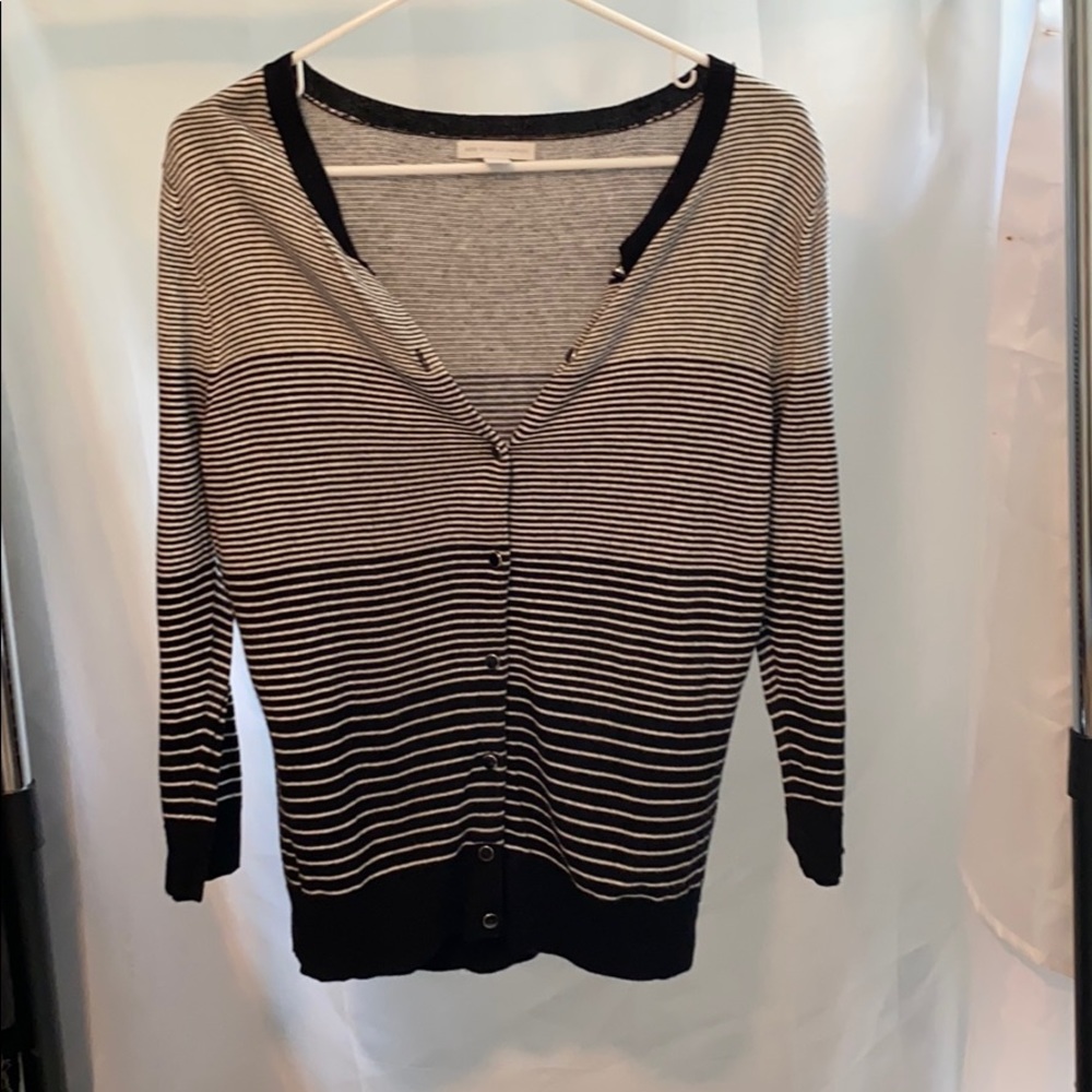 Black and white horizontal pin striped cardigan.